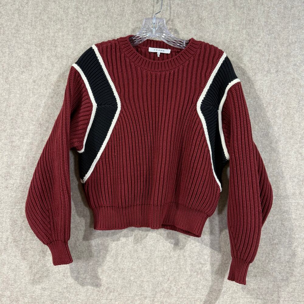 Frame | Women's Ribbed Chunky Knit Cropped Balloon Sleeve Crew Neck Sweater Sz S
